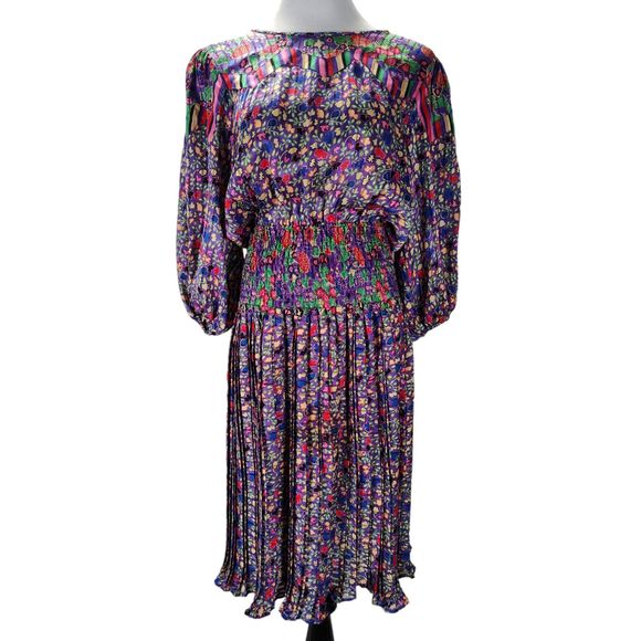Diane Freis Colorful Georgette Midi Dress Size L Boho Floral Print Elastic Waist - Picture 1 of 14